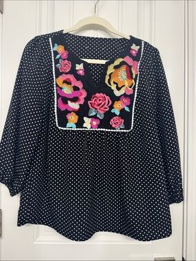 Women's Black Polka Dot Blouse with Floral Embroidered Yoke